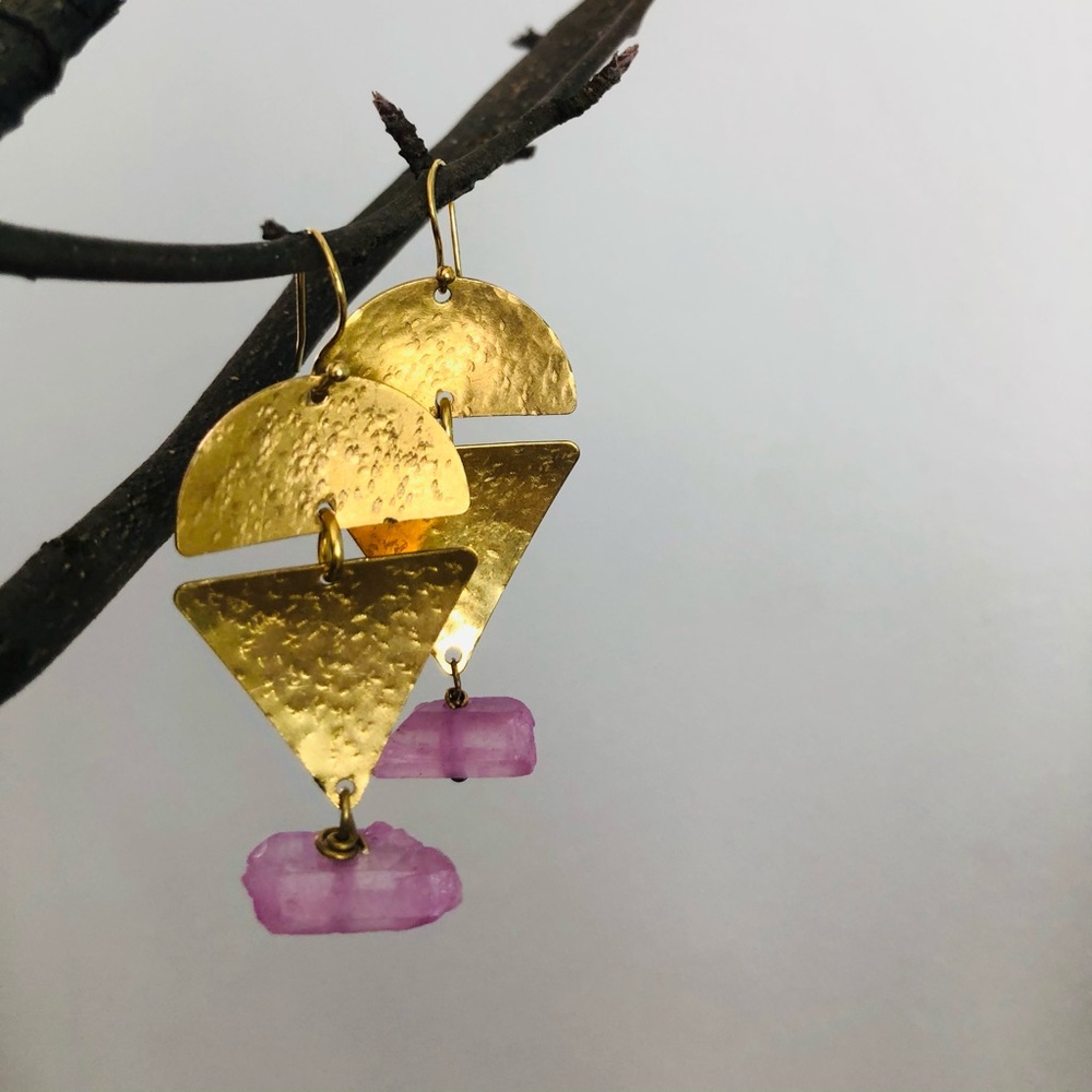 Handcrafted hammered brass and Quartz Earrings